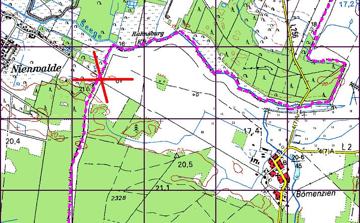 Kort der viser krydsning mellem den gamle DDR-grænse og vejen mellem
Nienwalde og Bömenzien